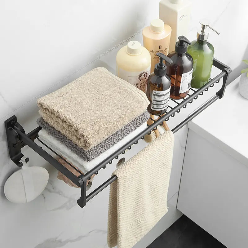 Porte-serviettes mural noir avec étagère grillagée