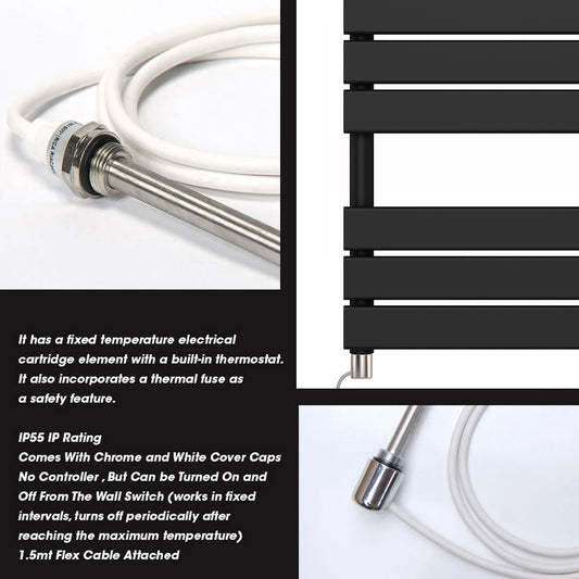 550 x 800mm Black Electric Heated Towel Rail Radiator – Flat Panel Designer 400W Pre Filled UK