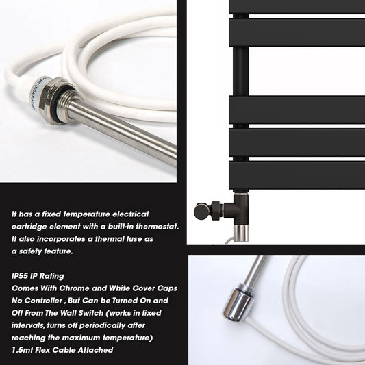 Dual Fuel 550 x 800mm Flat Panel Black Heated Towel Rail Radiator - (incl. Valves + Electric Heating Kit)