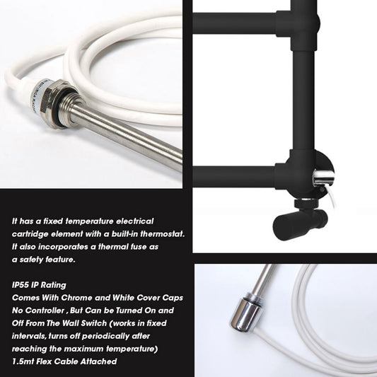 Dual Fuel Traditional Matt Black Heated Towel Rail 500 x 750mm Charlotte (Incl. Valves + Electric Heating Kit)