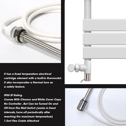 Dual Fuel 550 x 800mm Flat Panel White Heated Towel Rail Radiator - (incl. Valves + Electric Heating Kit)