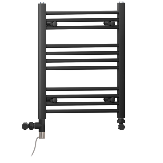 Dual Fuel 600 x 600mm Straight Matt Black Heated Towel Rail - (incl. Valves + Electric Heating Kit)