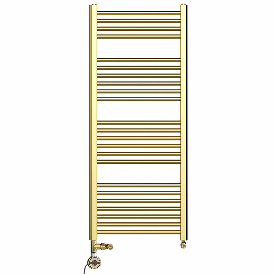 500mm x 1200mm Shiny Gold Dual Fuel Heated Towel Rail | Flat Ladder
