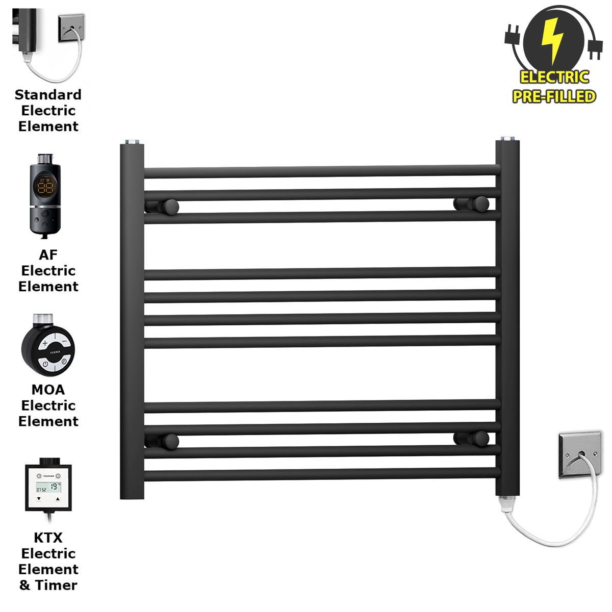 800mm Wide 600mm High Flat Black Electric Heated Towel Rail Radiator