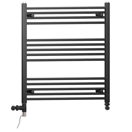 Dual Fuel 700 x 800mm Straight Matt Black Heated Towel Rail - (incl. Valves + Electric Heating Kit)