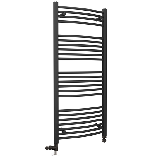 Dual Fuel 400 x 1200mm Matt Black Curved Heated Towel Rail - (incl. Valves + Electric Heating Kit)