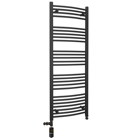 Dual Fuel 500 x 1400mm Matt Black Curved Heated Towel Rail - (incl. Valves + Electric Heating Kit)