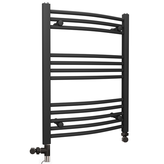 Sèche-serviettes chauffant incurvé noir mat bi-énergie 450 x 700 mm (avec vannes et kit de chauffage électrique)
