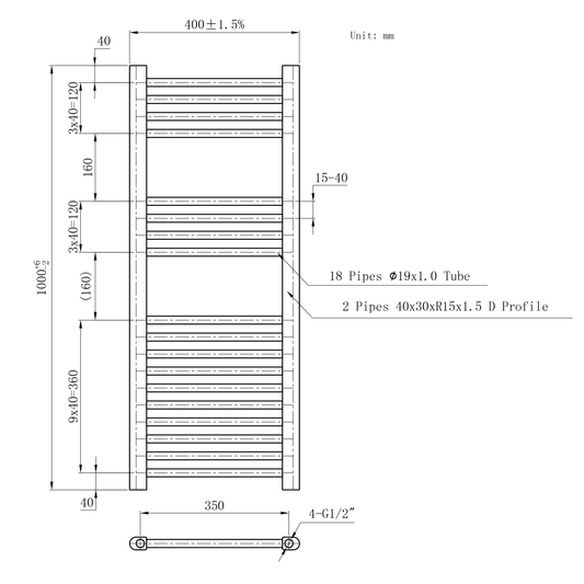 400mm x 1000mm White Heated Towel Rail Radiator | Central Heating 19mm Tube