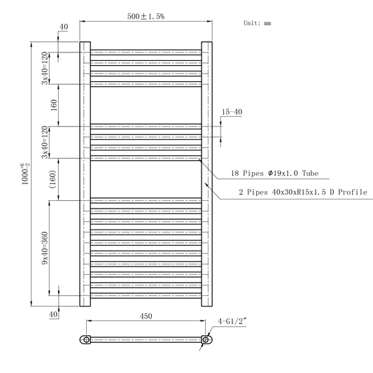 500mm x 1000mm White Heated Towel Rail Radiator | Central Heating 19mm Tube