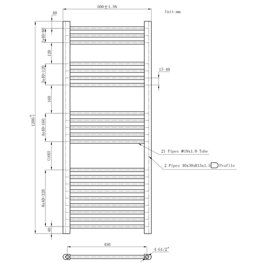 500mm x 1200mm Black Heated Towel Rail Radiator | Central Heating 19mm Tube
