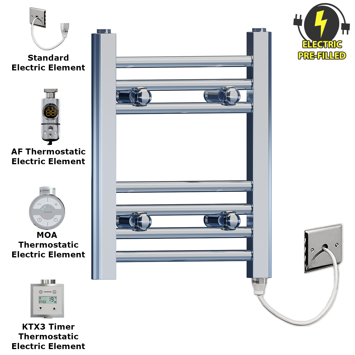 350mm Wide - 400mm High Flat Chrome Electric Heated Towel Rail Radiator