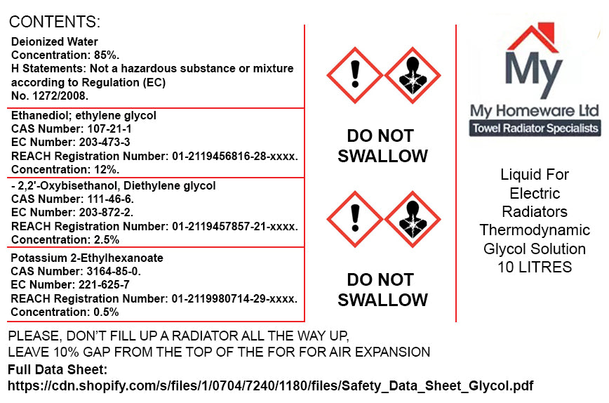 Liquid For Electric Radiators - Thermodynamic Glycol Solution - 10 LITRES