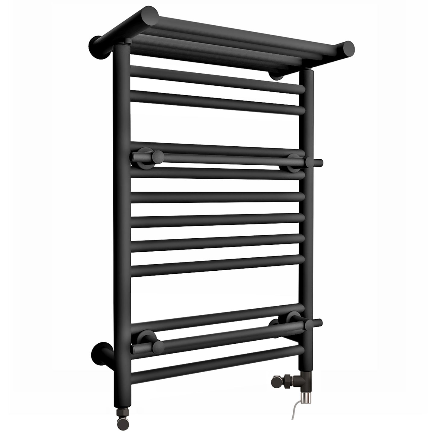 Dual Fuel Matt Black Designer Heated Towel Rail 490 x 680mm with Top Shelf (Incl. Valves + Electric Heating Kit) – OSLO
