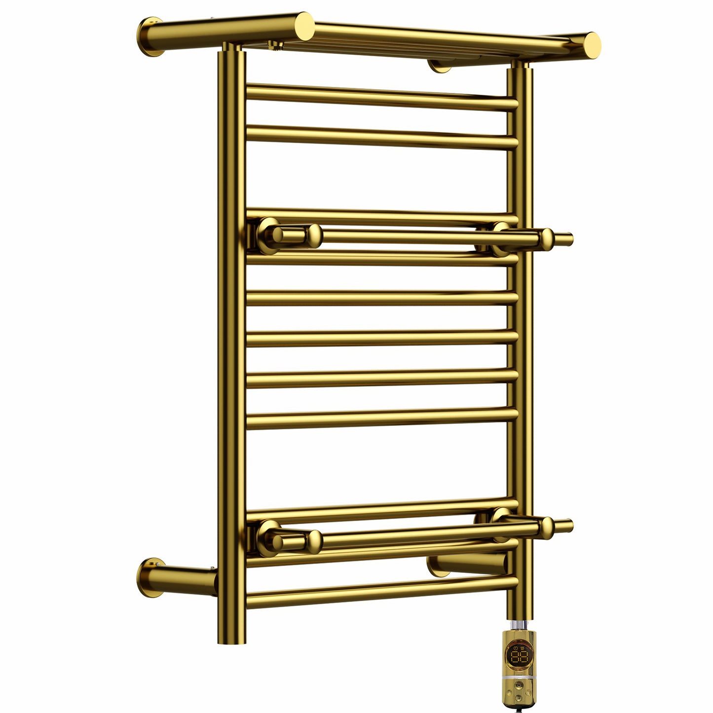 490 x 680mm Gold Electric Heated Towel Rail Radiator – OSLO Shelf & Dual Towel Holder 206W UK