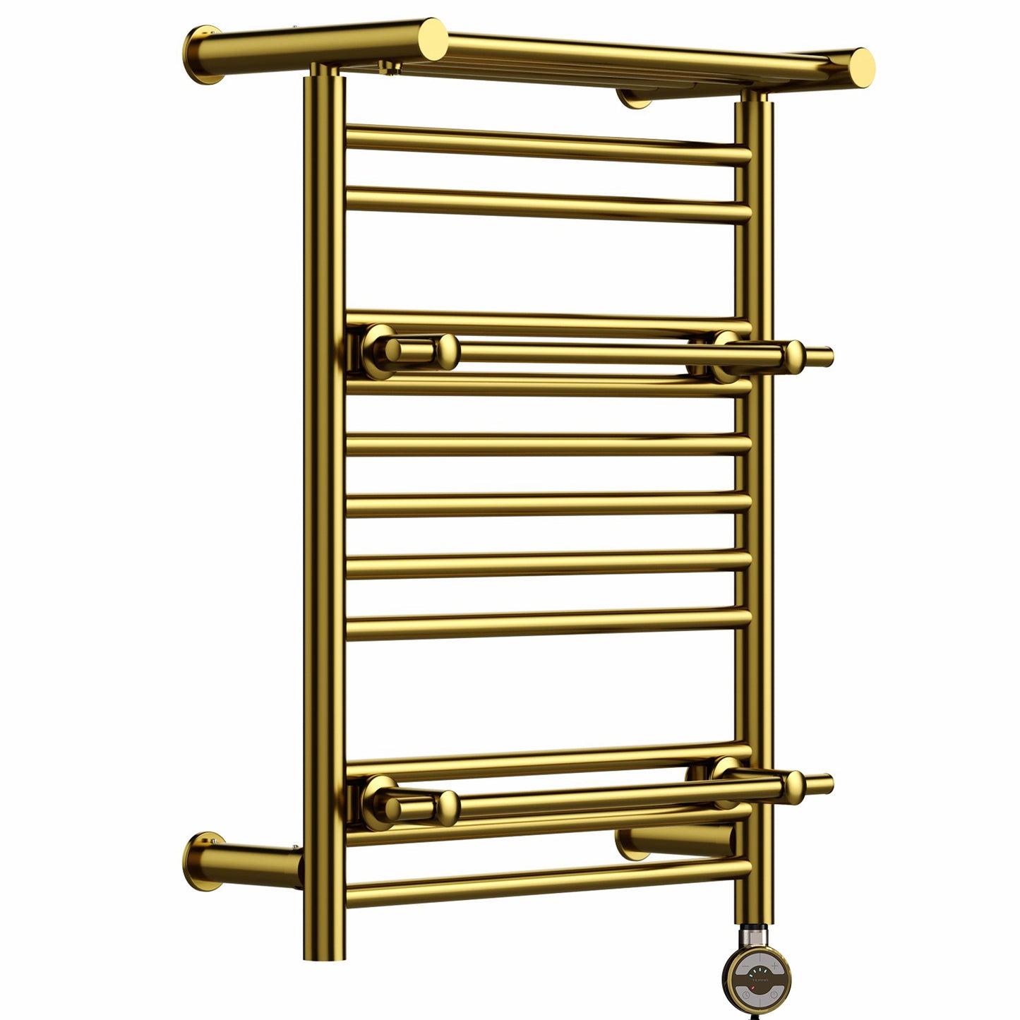 490 x 680mm Gold Electric Heated Towel Rail Radiator – OSLO Shelf & Dual Towel Holder 206W UK