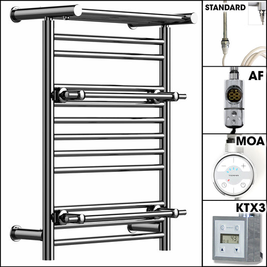 490mm Wide Chrome Electric Towel Rail Radiator Top Shelf & Two Towel Holder OSLO For Bathroom & Kitchen