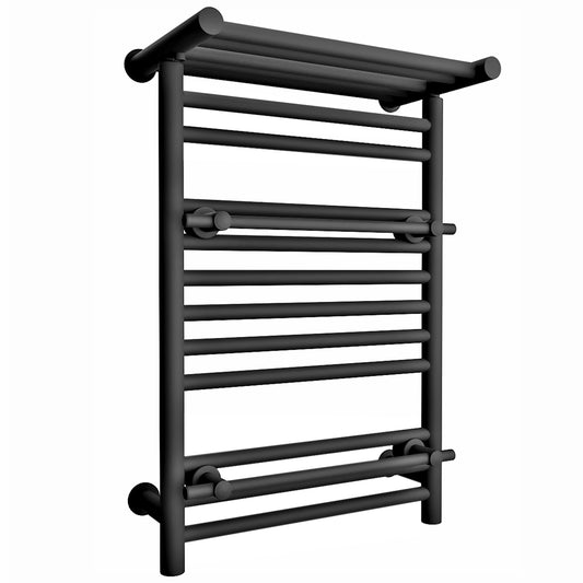 490mm Wide Black Heated Towel Rail Radiator Top Shelf & Two Towel Holder OSLO For Bathroom & Kitchen