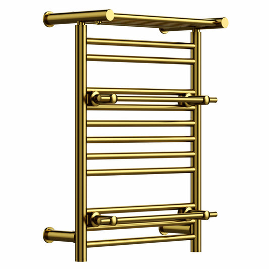 490mm Wide 680mm Height Gold Heated Towel Rail Radiator Top Shelf & Two Towel Holder OSLO For Bathroom & Kitchen