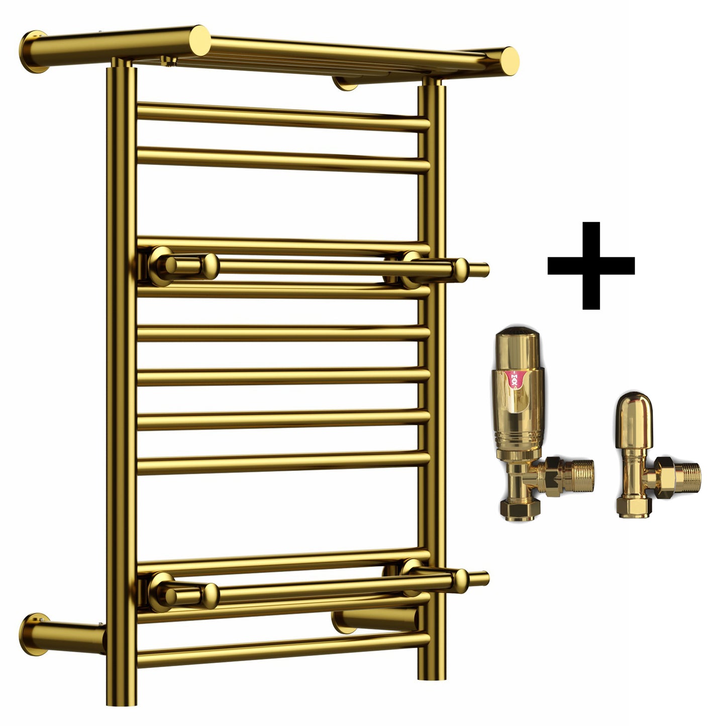 Radiateur sèche-serviettes doré de 490 mm de large et 680 mm de haut, étagère supérieure et deux porte-serviettes OSLO pour salle de bain et cuisine