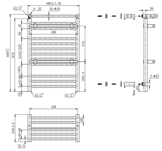 Radiateur sèche-serviettes noir de 490 mm de large avec étagère supérieure et deux porte-serviettes OSLO pour salle de bain et cuisine