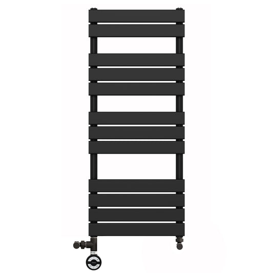 Dual Fuel 500 x 1200mm Flat Panel Matt Black Heated Towel Rail - (incl. Valves + Electric Heating Kit)