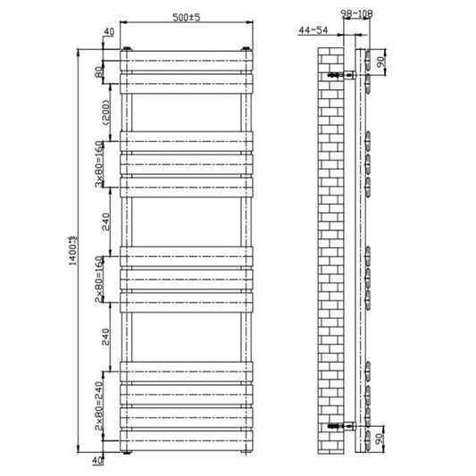 Sèche-serviettes chauffant double combustible - 500 x 1 200 mm - Panneau droit doré (vannes et kit de chauffage électrique inclus)