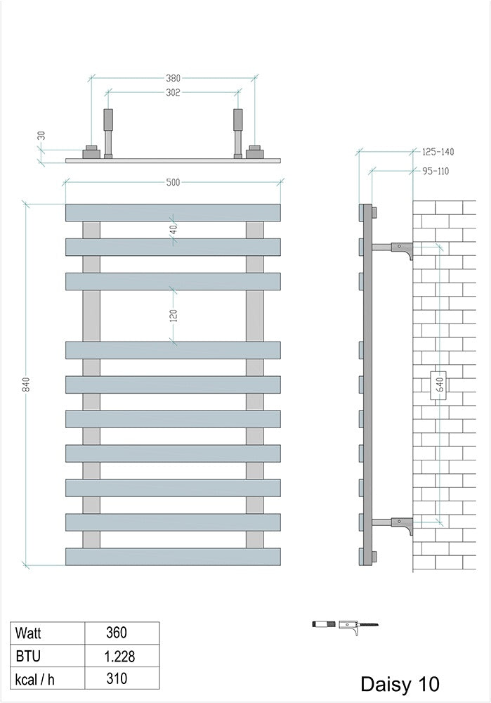500mm x 840mm Daisy nr10 - Stainless Steel Brushed Chrome Designer Towel Rail Radiator
