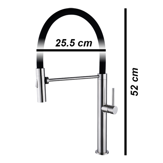 Robinet de cuisine en acier inoxydable, flexible et pivotant à 360°, double jet, mitigeur chromé, tuyau noir, modèle KPY-3133