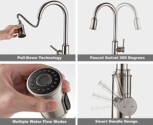 Robinet de cuisine en acier inoxydable, flexible et extractible à 360°, double jet, mitigeur chromé, modèle KPY-30216