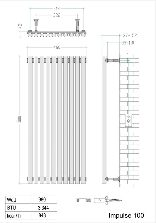 Radiateur sèche-serviettes design Impulse 460 x 1 000 mm en acier inoxydable chromé brossé