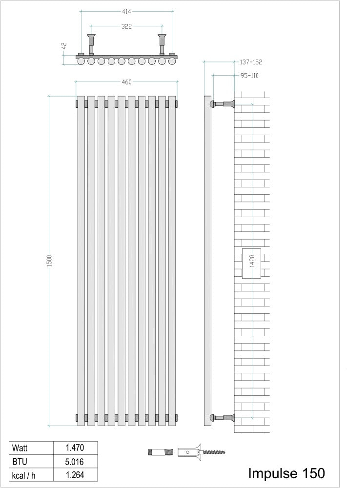 Radiateur sèche-serviettes design Impulse 460 x 1 500 mm en acier inoxydable chromé brossé