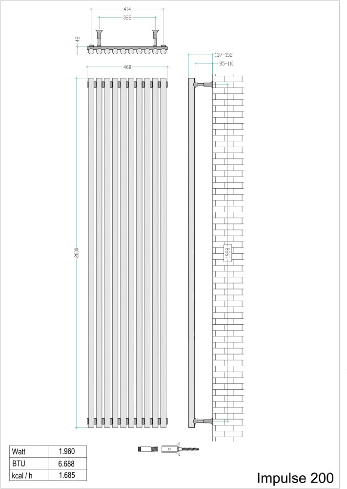 Radiateur sèche-serviettes design Impulse 460 x 2 000 mm en acier inoxydable chromé brossé