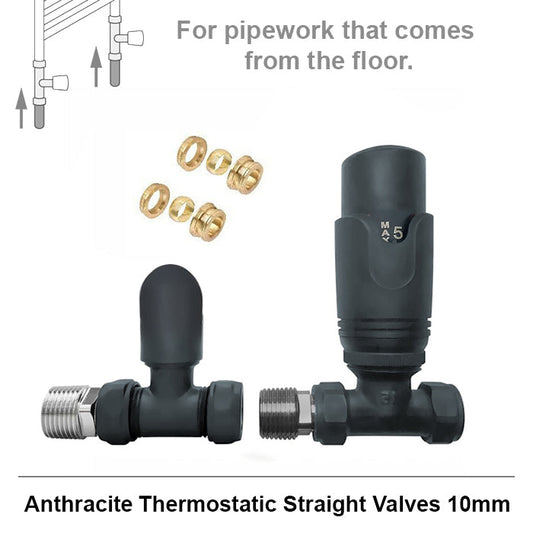 Modern Anthracite Straight Thermostatic Radiator Valves 10mm Pair