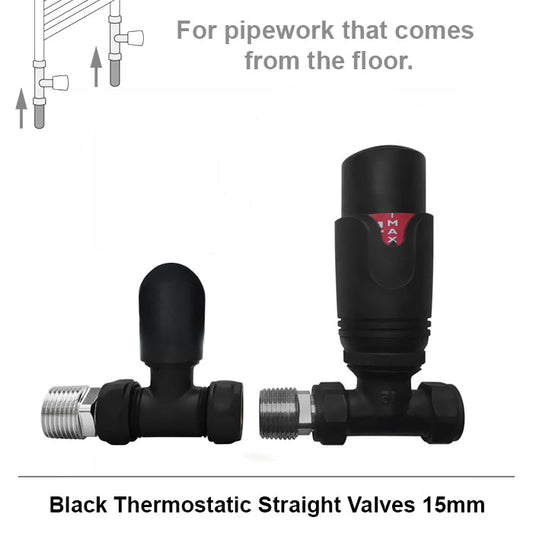 Modern Matt Black Straight Thermostatic Radiator Valves 15mm Pair