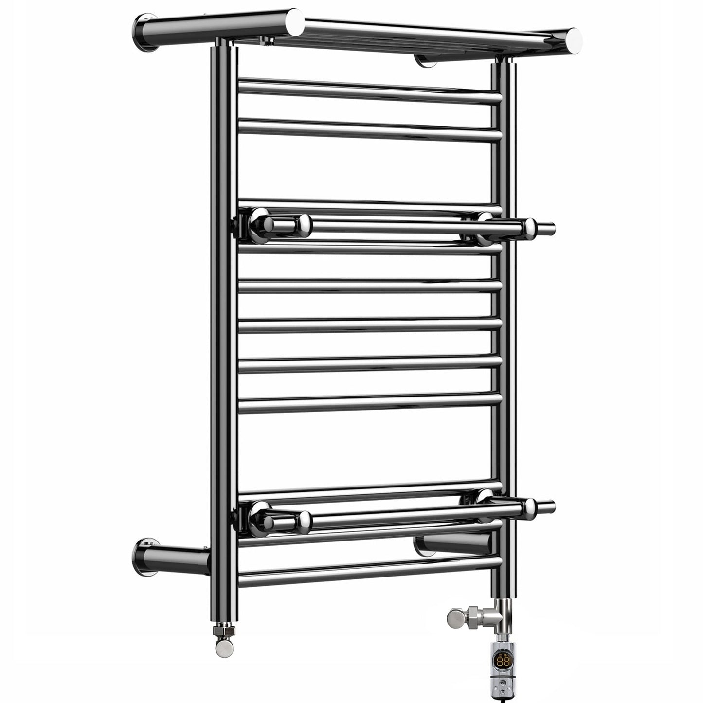 Dual Fuel Chrome Designer Heated Towel Rail 490 x 680mm with Top Shelf (Incl. Valves + Electric Heating Kit) – OSLO