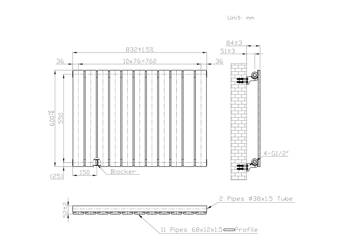 832 x 600mm Black Horizontal Single Flat Panel Radiator – 1964 BTU