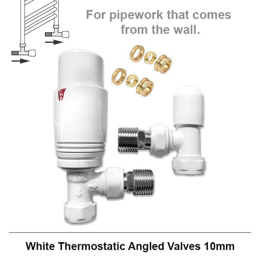Modern White Angled Thermostatic Radiator Valves 10mm Pair