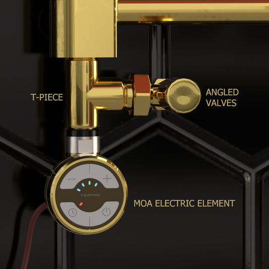 Kit bi-énergie Terma Moa Gold pour sèche-serviettes, élément électrique, vannes et raccord en T
