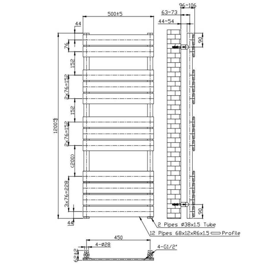  500 x 1200mm Chrome Heated Towel Rail Radiator – Flat Panel Designer 1,644 BTU Central Heating UK