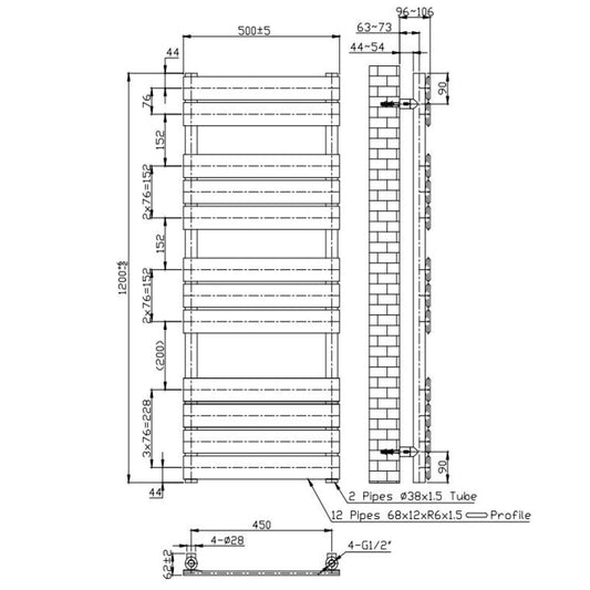 500 x 1200mm Chrome Heated Towel Rail Radiator – Flat Panel Designer 1,644 BTU Central Heating UK 