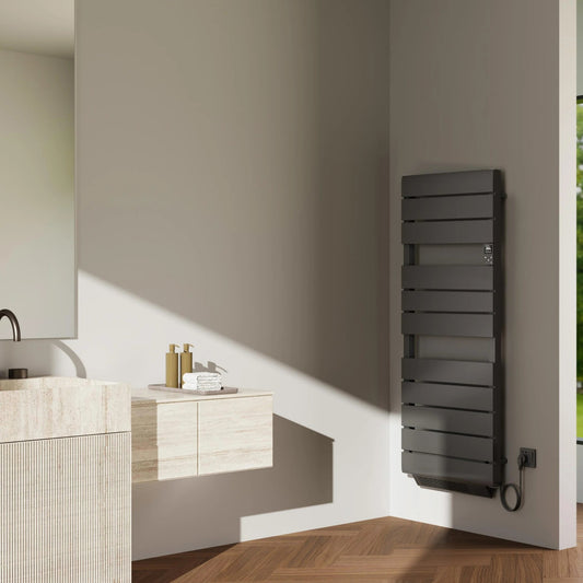 550 x 900mm Black Dry Heating Electric Towel Rail Radiator - Turbo Fan Assisted 1500W - Programmable Timer 