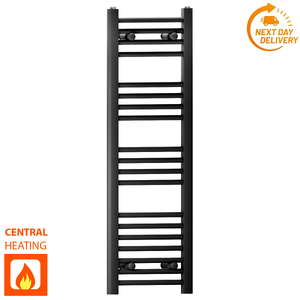 300mm x 1000mm Matt Black Heated Towel Rail Radiator | Flat Central Heating