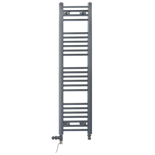 Dual Fuel 300 x 1400mm Straight Anthracite Grey Heated Towel Rail - (incl. Valves + Electric Heating Kit) 