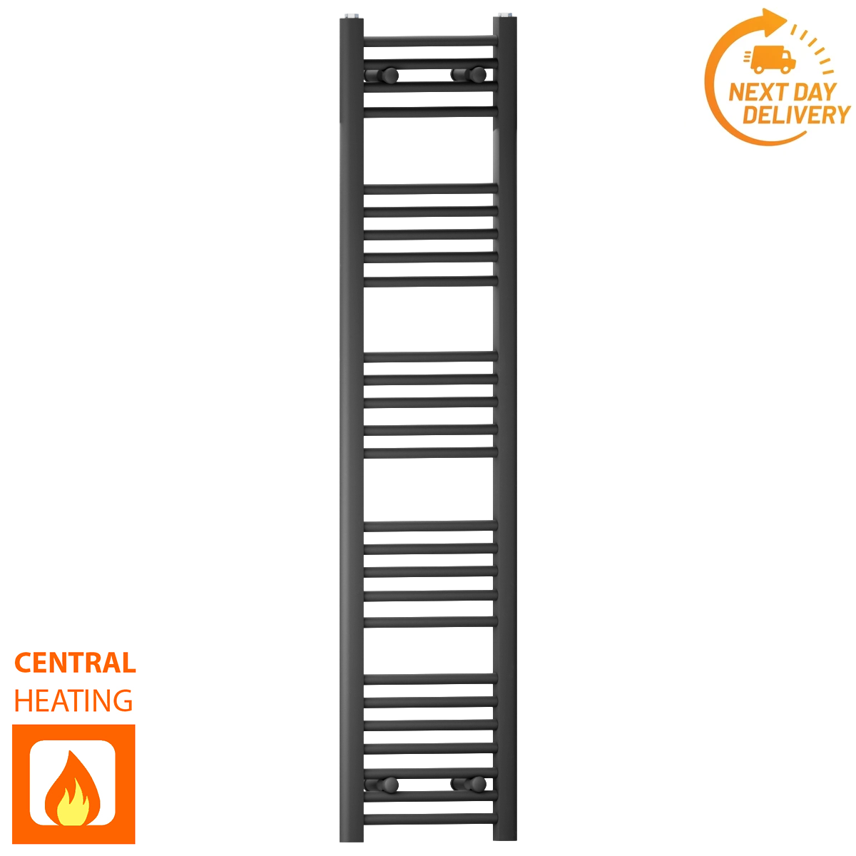  300mm Wide - 1400mm High Flat Black Heated Towel Rail Radiator