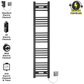 300mm Wide - 1400mm High Flat Black Electric Heated Towel Rail Radiator 