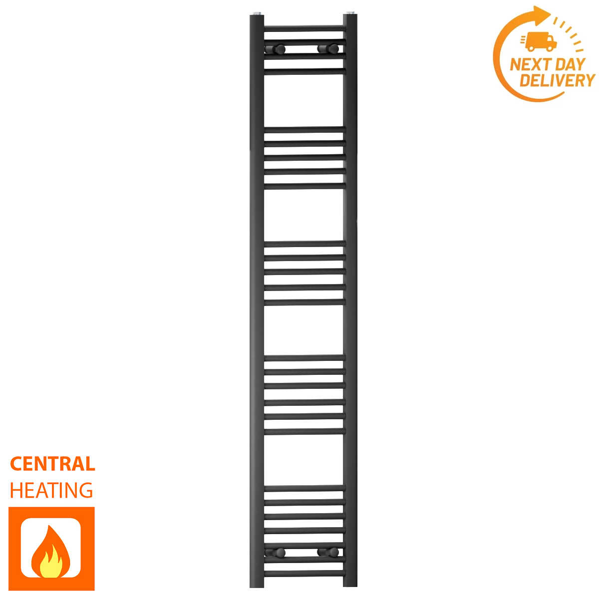  300mm Wide - 1600mm High Flat Black Heated Towel Rail Radiator