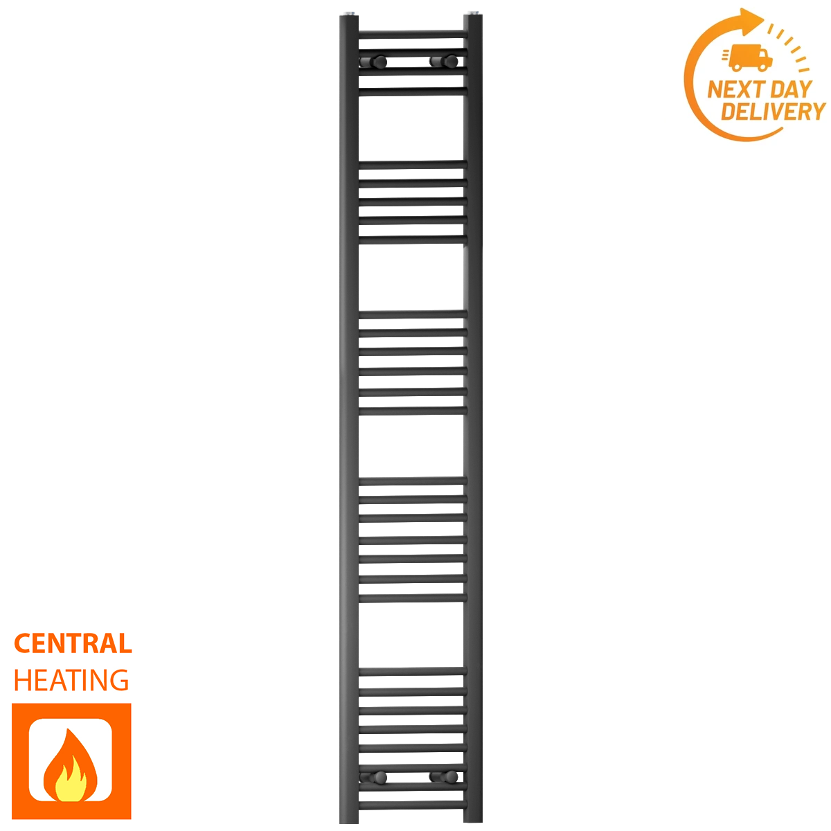  350mm Wide - 1700mm High Flat Black Heated Towel Rail Radiator