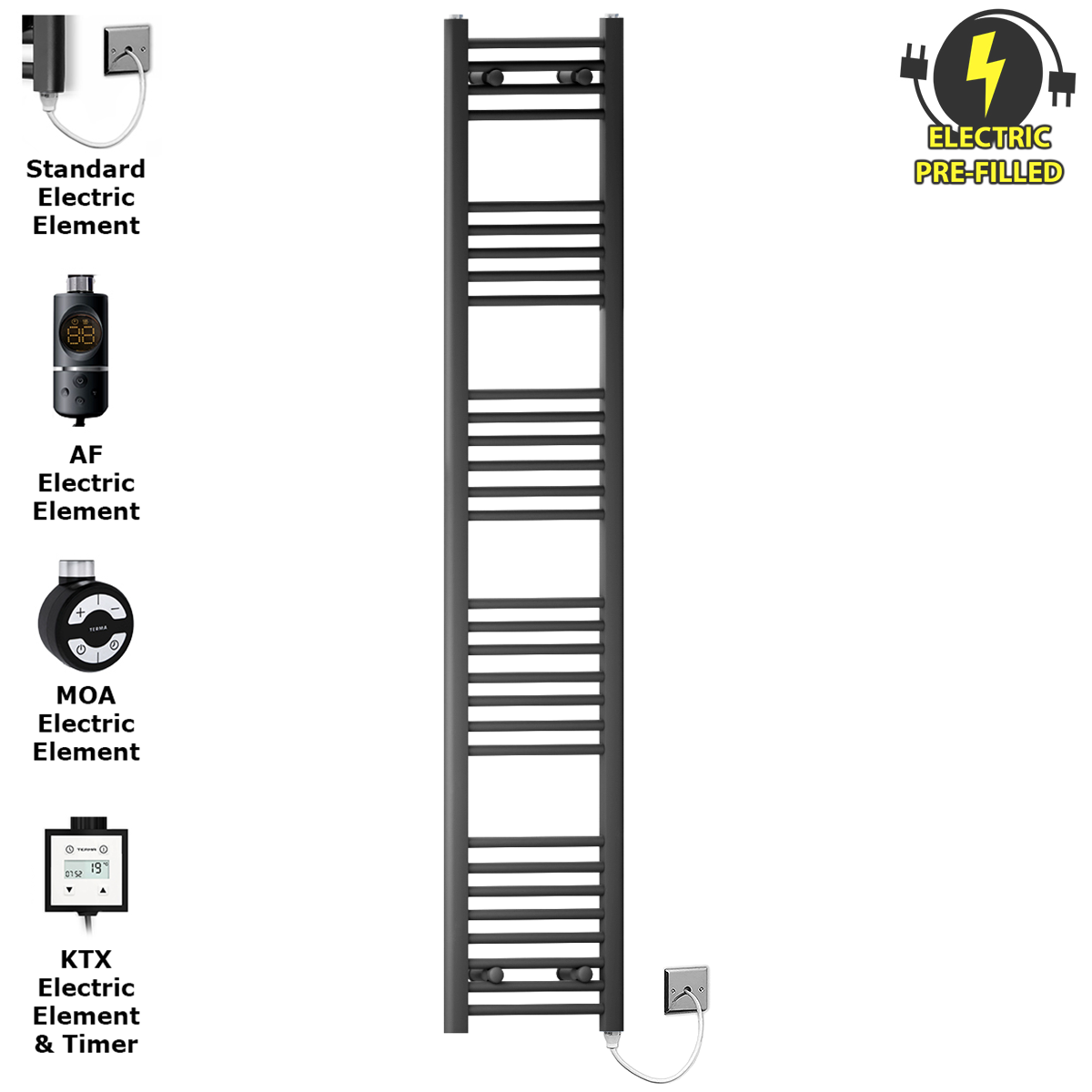  350mm Wide - 1700mm High Flat Black Electric Heated Towel Rail Radiator