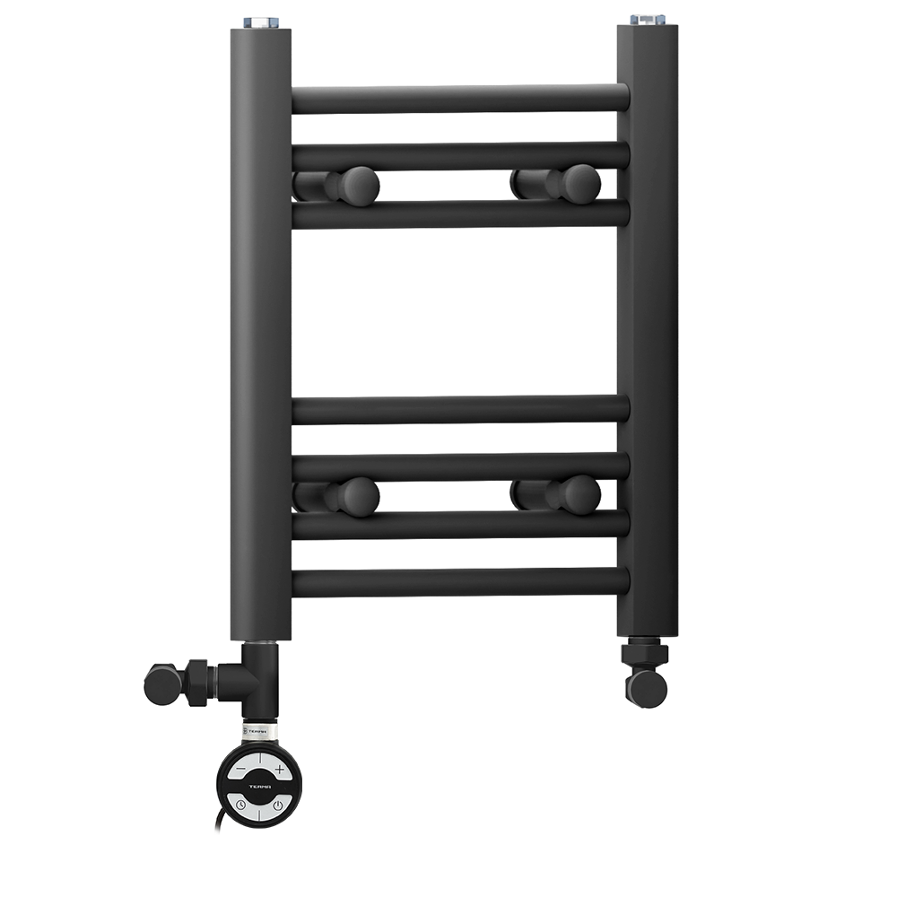  Dual Fuel 350 x 400mm Straight Matt Black Heated Towel Rail - (incl. Valves + Electric Heating Kit)